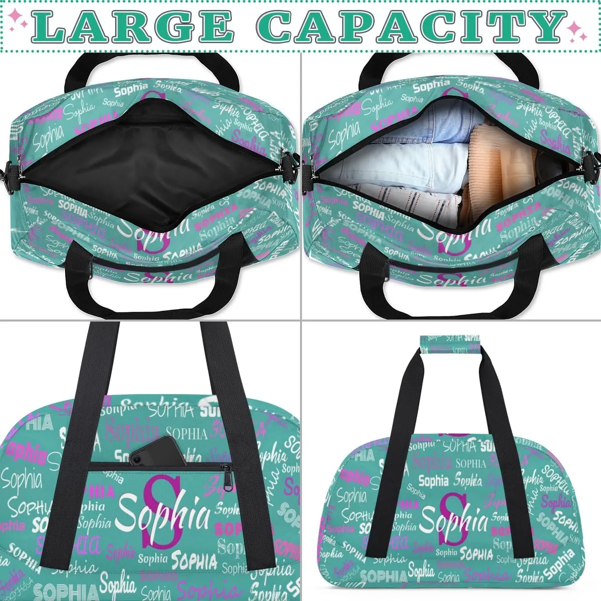 Custom Name Sports Dance Duffel Bag, Personalized Gym Cheerleading Bag Travel Weekender Tote Carry-On Fitness Perform Bag, Dark Turquoise Blue