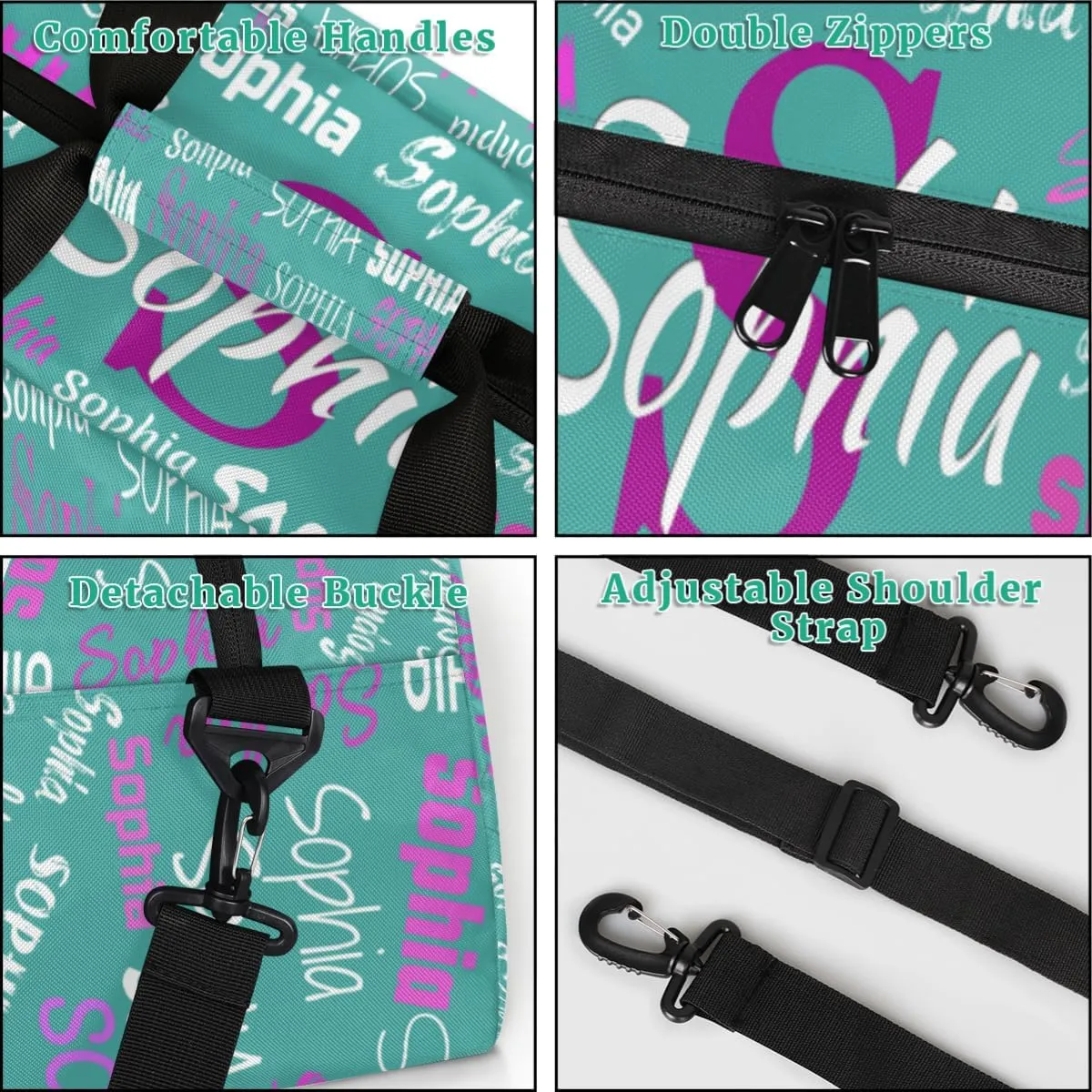 Custom Name Sports Dance Duffel Bag, Personalized Gym Cheerleading Bag Travel Weekender Tote Carry-On Fitness Perform Bag, Dark Turquoise Blue