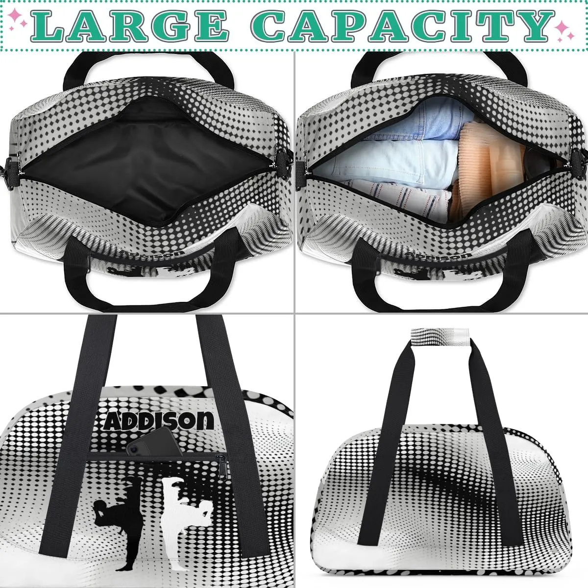 Custom Sports Duffel Bag for Boys, Personalized Sports Gym Tote Workout Bag Named Rank Travel Overnight Training Bag, Black White Martial Art Silhouette, Modern Geometric Dots Abstract