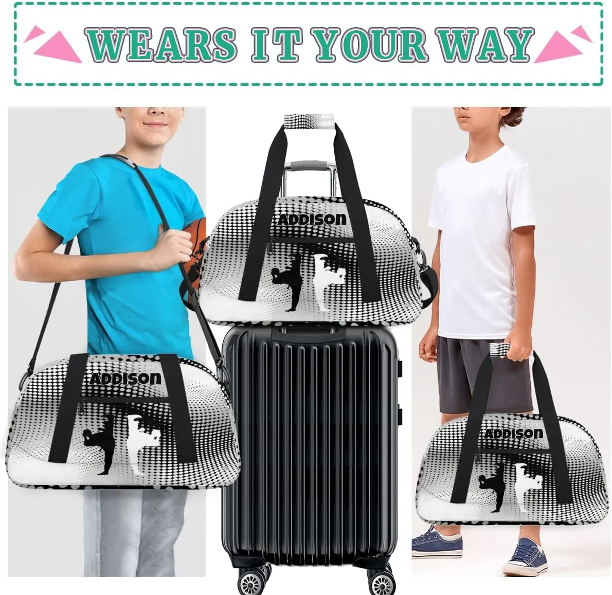 Custom Sports Duffel Bag for Boys, Personalized Sports Gym Tote Workout Bag Named Rank Travel Overnight Training Bag, Black White Martial Art Silhouette, Modern Geometric Dots Abstract
