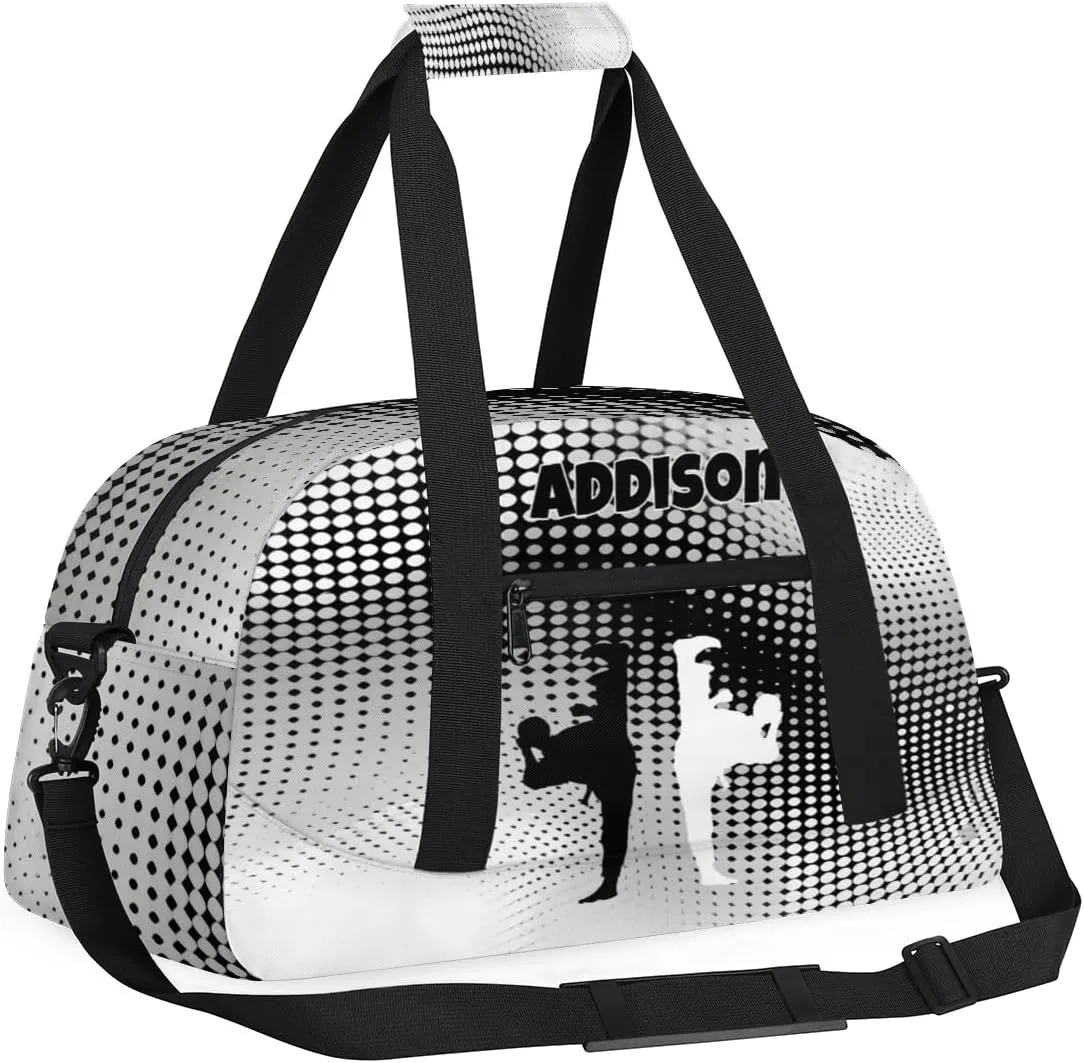 Custom Sports Duffel Bag for Boys, Personalized Sports Gym Tote Workout Bag Named Rank Travel Overnight Training Bag, Black White Martial Art Silhouette, Modern Geometric Dots Abstract