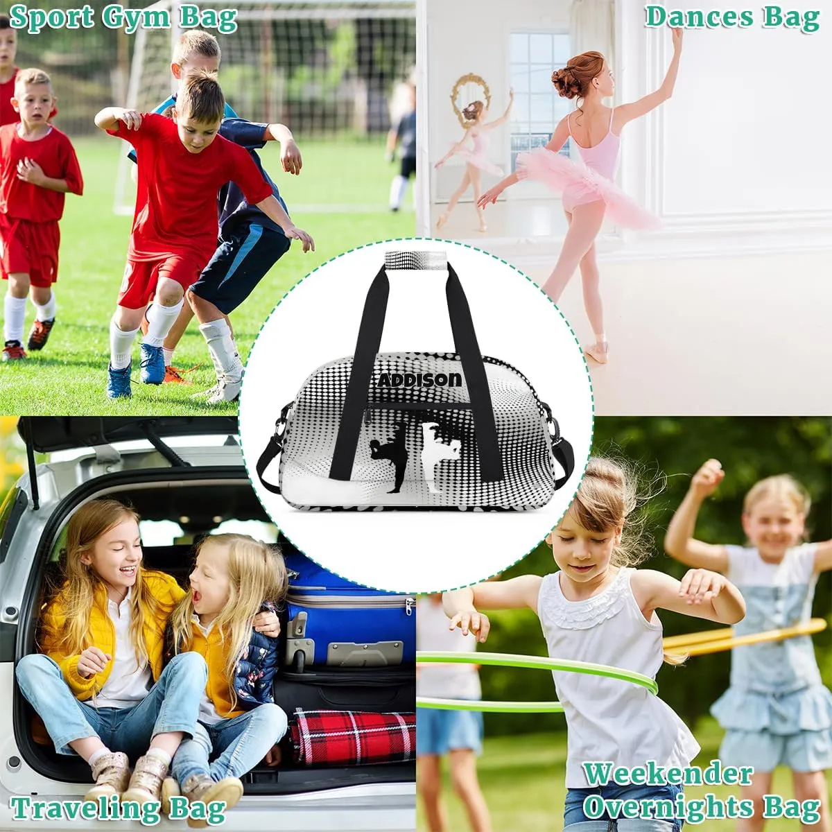 Custom Sports Duffel Bag for Boys, Personalized Sports Gym Tote Workout Bag Named Rank Travel Overnight Training Bag, Black White Martial Art Silhouette, Modern Geometric Dots Abstract