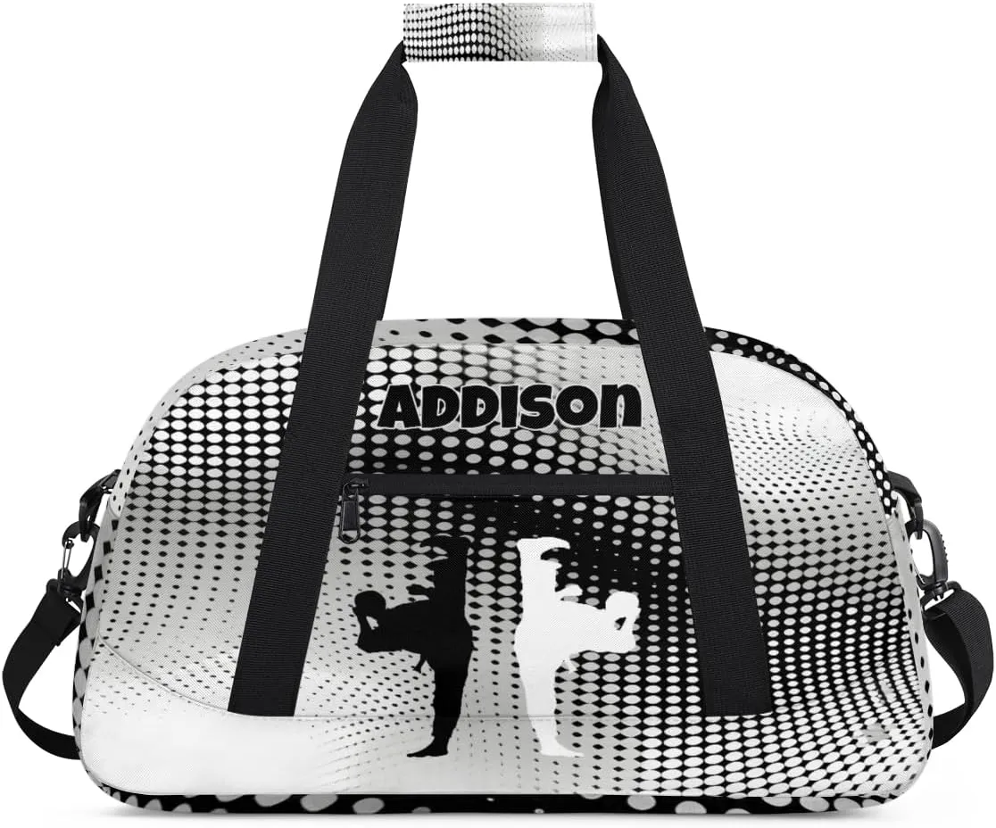 Custom Sports Duffel Bag for Boys, Personalized Sports Gym Tote Workout Bag Named Rank Travel Overnight Training Bag, Black White Martial Art Silhouette, Modern Geometric Dots Abstract