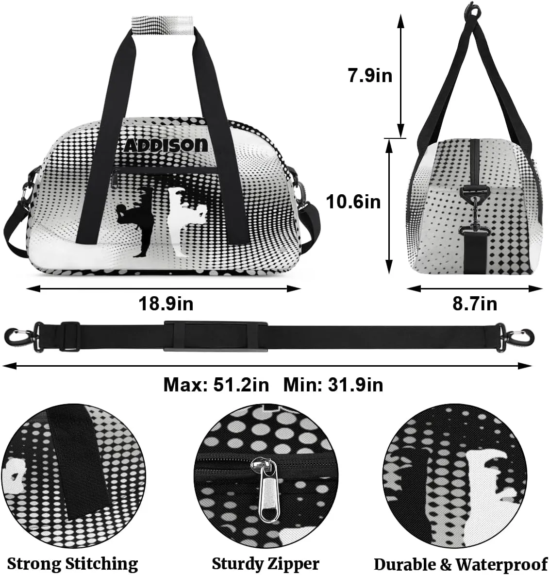 Custom Sports Duffel Bag for Boys, Personalized Sports Gym Tote Workout Bag Named Rank Travel Overnight Training Bag, Black White Martial Art Silhouette, Modern Geometric Dots Abstract