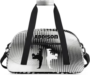 Custom Sports Duffel Bag for Boys, Personalized Sports Gym Tote Workout Bag Named Rank Travel Overnight Training Bag, Black White Martial Art Silhouette, Modern Geometric Dots Abstract