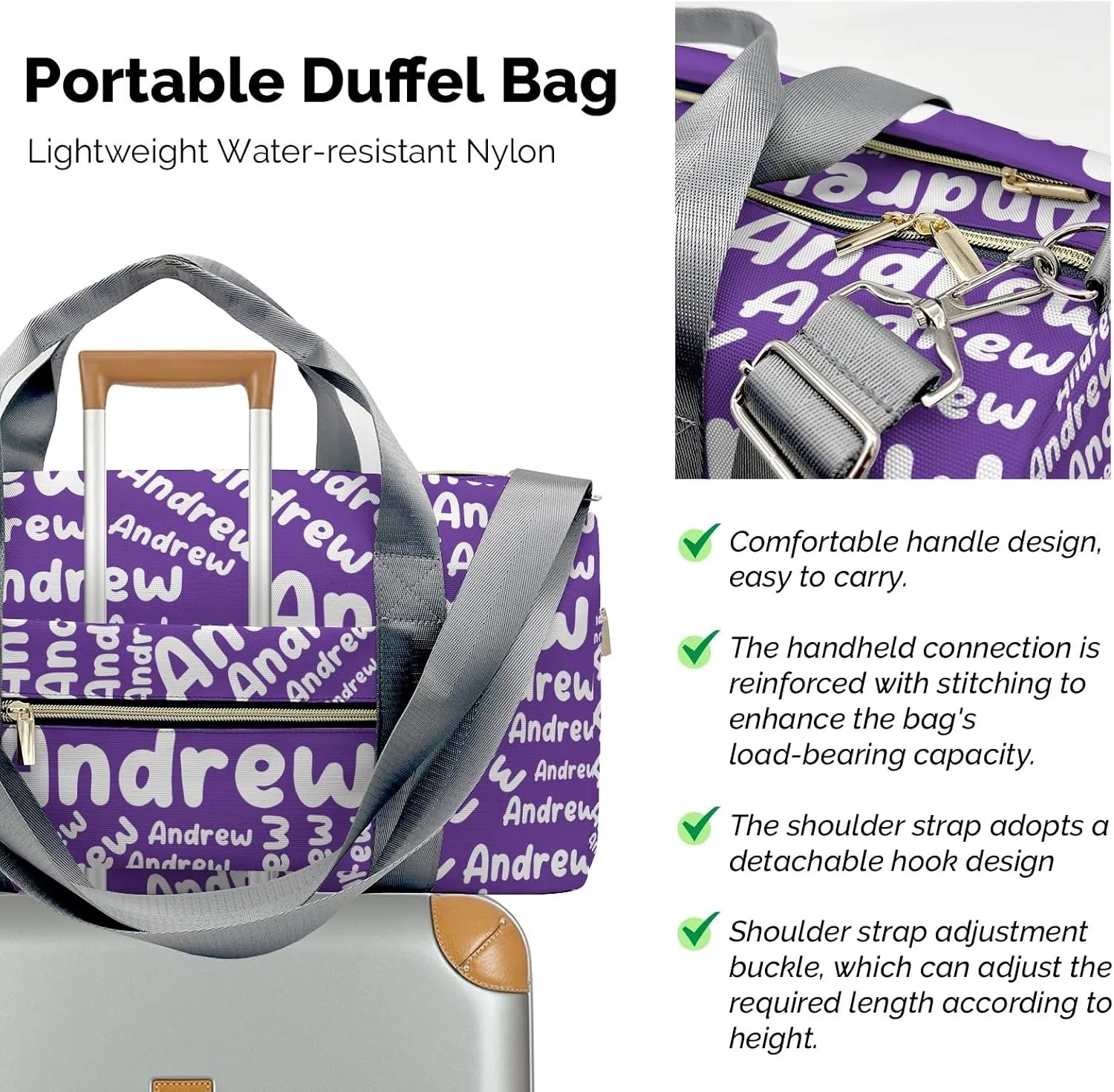 Customized Travel Duffel Bag with Name Weekender Overnight Bags Dark Purple Personalized Sports Gym Bag Waterproof Luggage Bag for Women