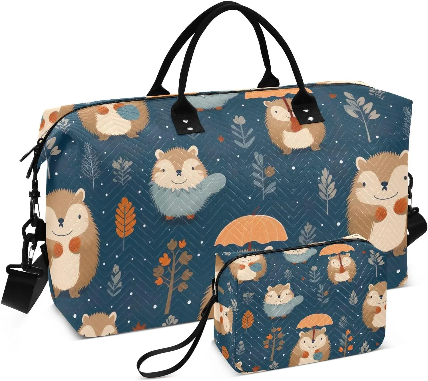 Cute Autumn Hedgehog Travel Duffel Bag with Toiletry Bag Weekender Bag for Carry on Sports Gym Bag for Yoga Sports Gym