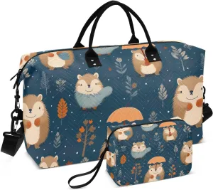 Cute Autumn Hedgehog Travel Duffel Bag with Toiletry Bag Weekender Bag for Carry on Sports Gym Bag for Yoga Sports Gym