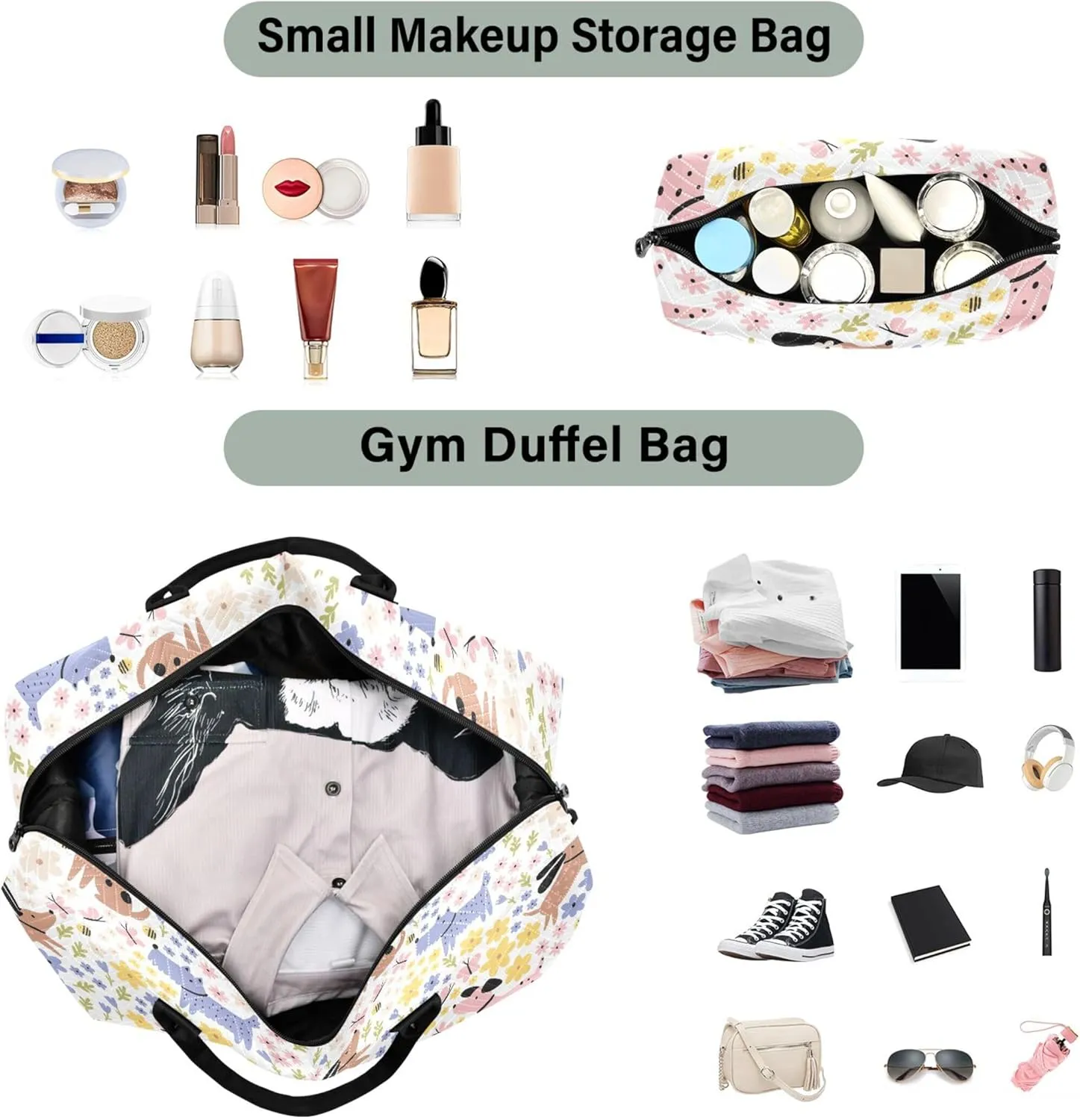Cute Cartoon Summer Dogs Flowers Duffle Bag for Travel Toiletry Bag Set, Art Womens Luggage Set Overnight Bag