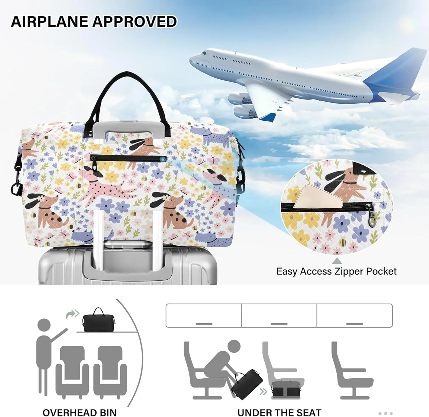 Cute Cartoon Summer Dogs Flowers Duffle Bag for Travel Toiletry Bag Set, Art Womens Luggage Set Overnight Bag