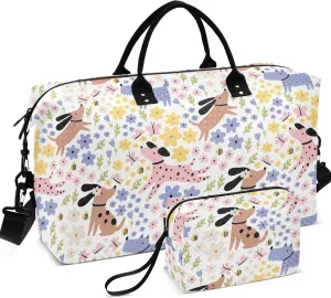 Cute Cartoon Summer Dogs Flowers Duffle Bag for Travel Toiletry Bag Set, Art Womens Luggage Set Overnight Bag