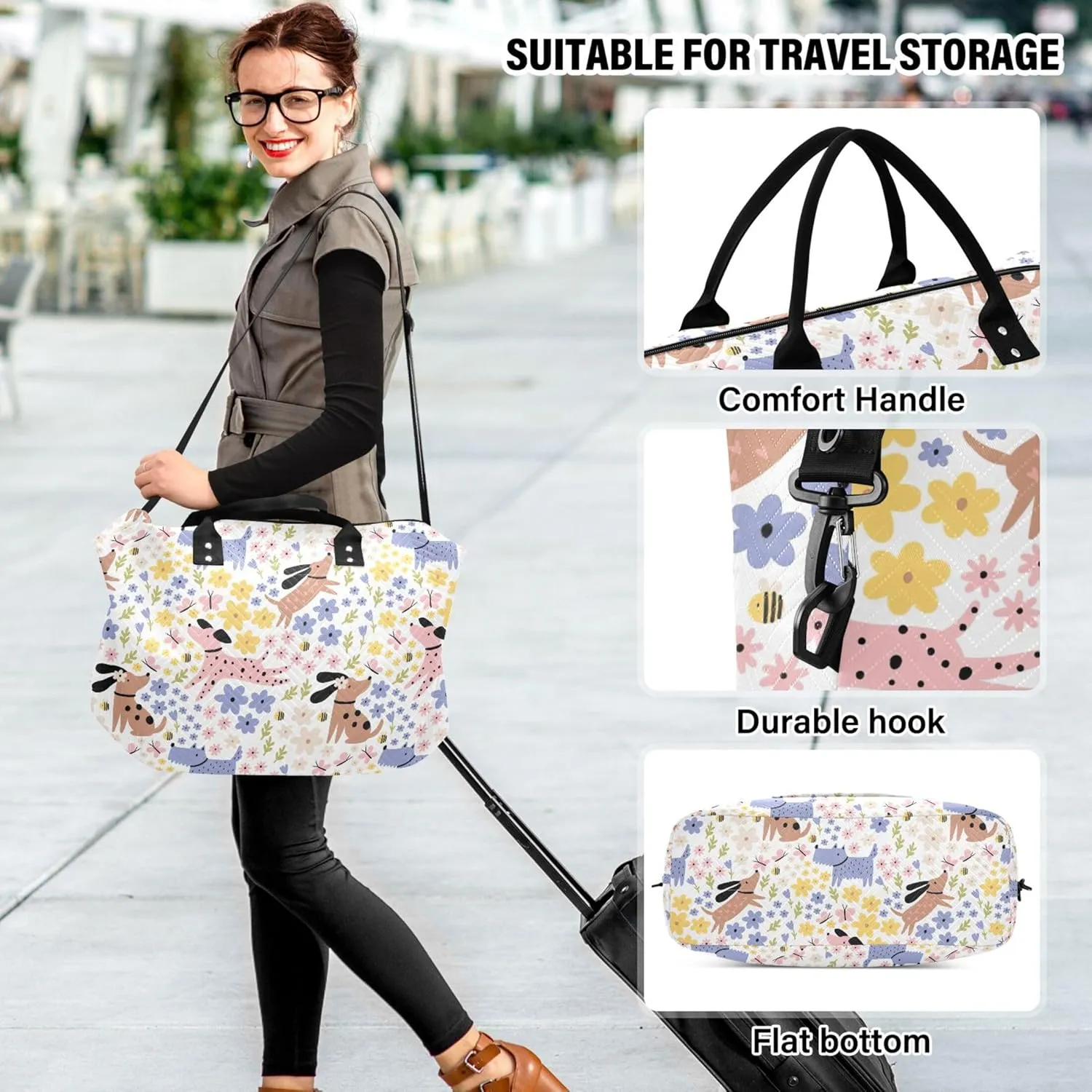 Cute Cartoon Summer Dogs Flowers Duffle Bag for Travel Toiletry Bag Set, Art Womens Luggage Set Overnight Bag