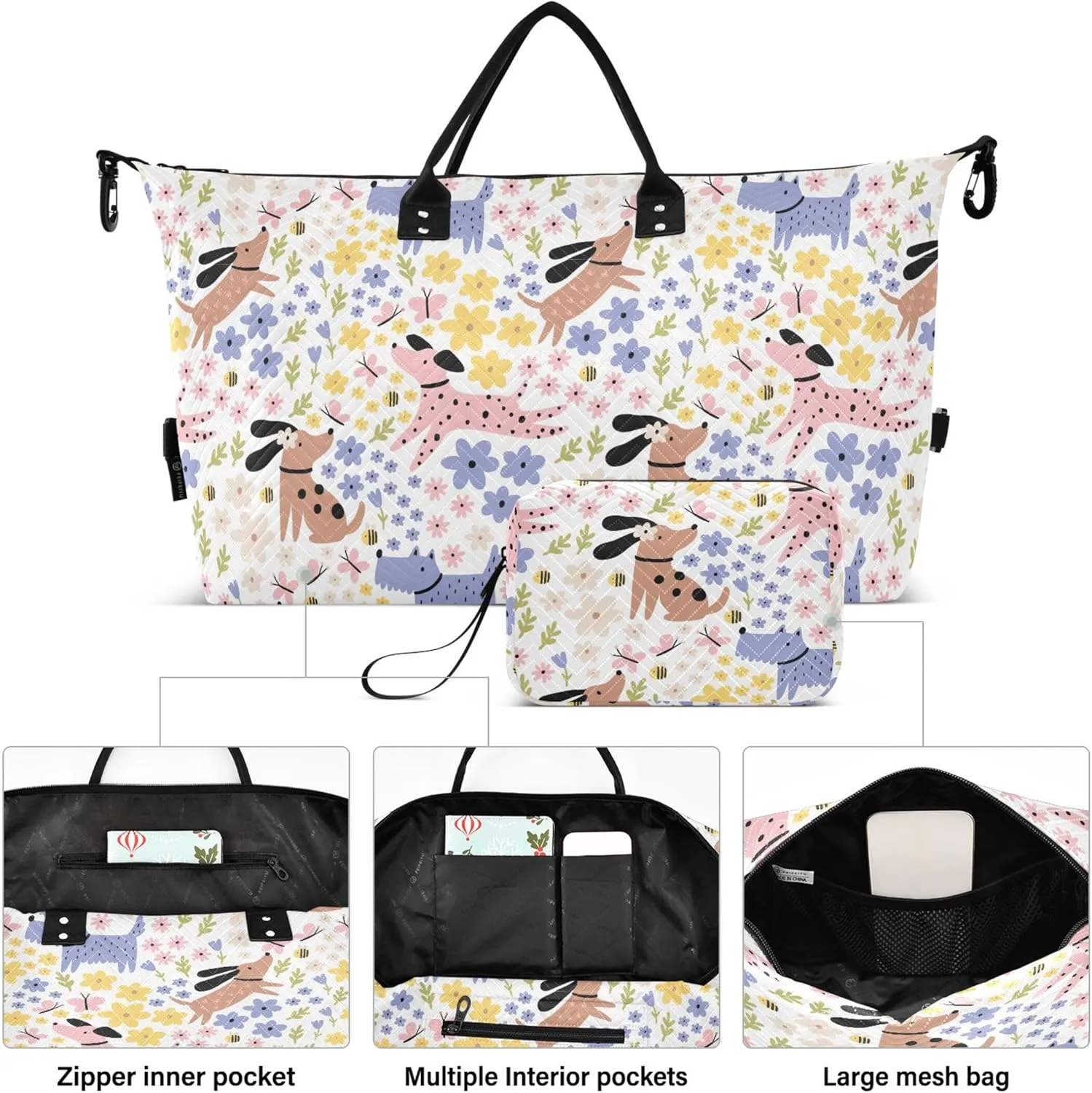 Cute Cartoon Summer Dogs Flowers Duffle Bag for Travel Toiletry Bag Set, Art Womens Luggage Set Overnight Bag