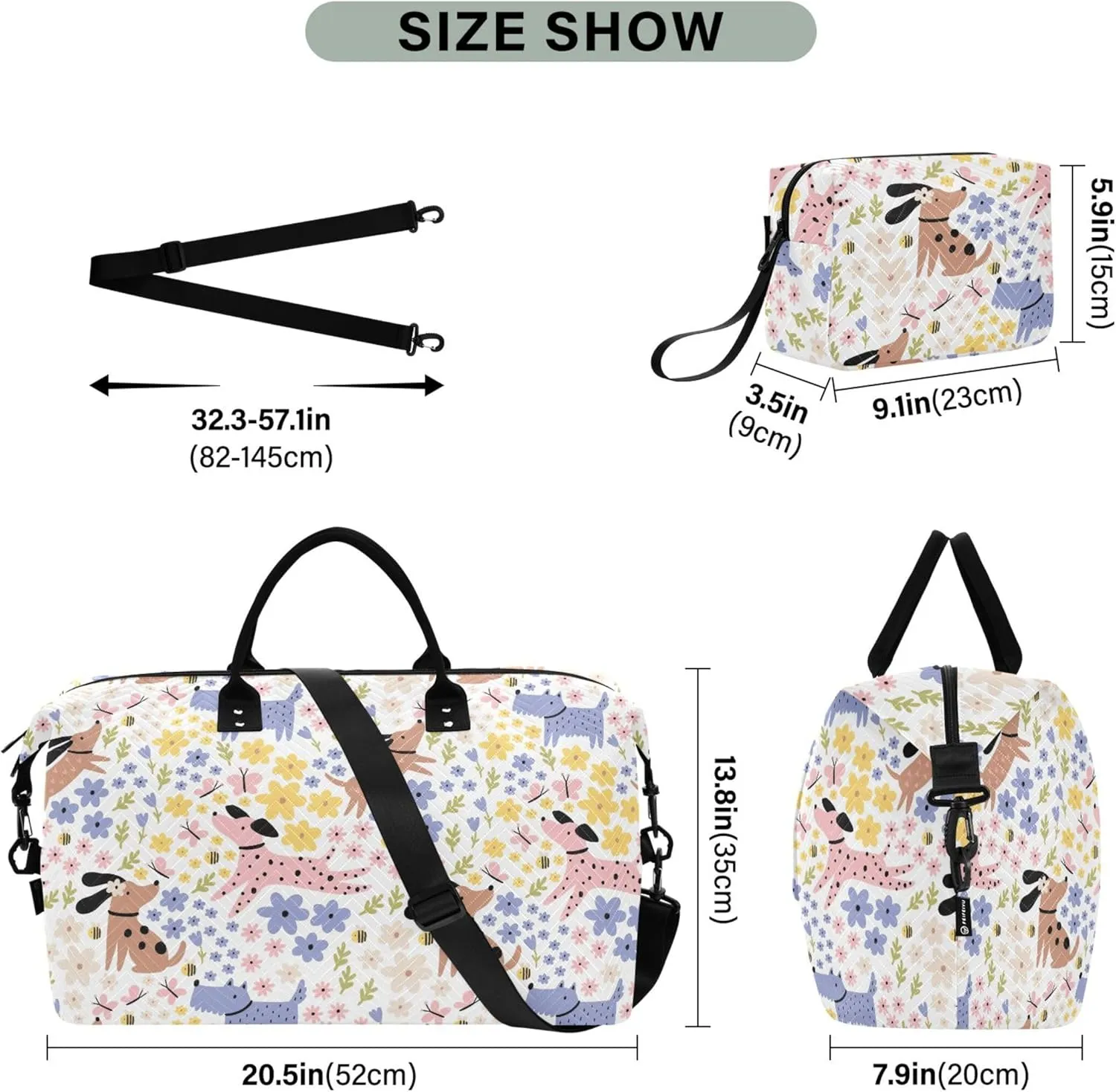 Cute Cartoon Summer Dogs Flowers Duffle Bag for Travel Toiletry Bag Set, Art Womens Luggage Set Overnight Bag