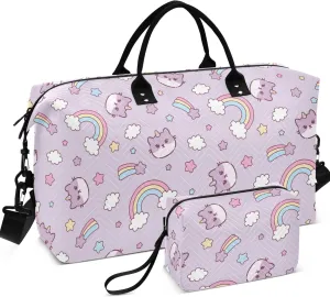 Cute Cat Caticorn Kitten Unicorn Travel Duffel Bags Makeup Pouch Set, Floral Tote Gym Bag Carry on Bags for Airplanes