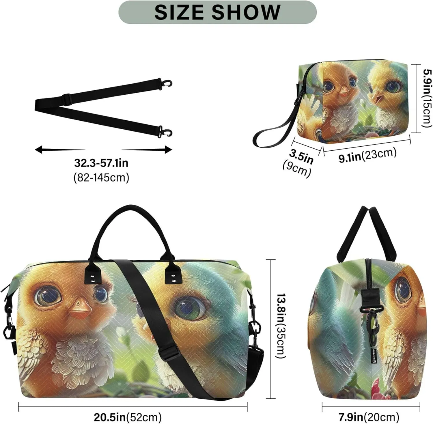Cute Chick Animal Duffel Bag Womens Makeup Bag Set of 2, Flower Womens Luggage Set Weekend Bag Duffel