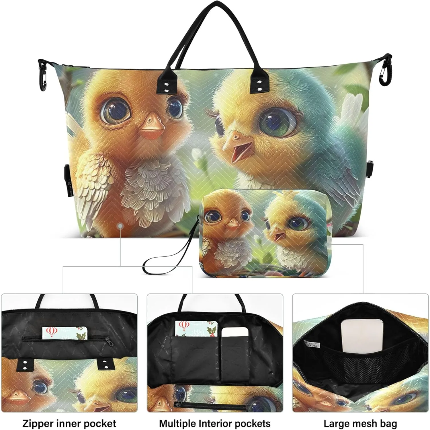 Cute Chick Animal Duffel Bag Womens Makeup Bag Set of 2, Flower Womens Luggage Set Weekend Bag Duffel
