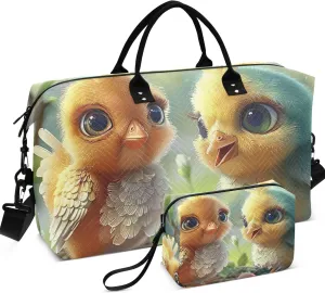 Cute Chick Animal Duffel Bag Womens Makeup Bag Set of 2, Flower Womens Luggage Set Weekend Bag Duffel