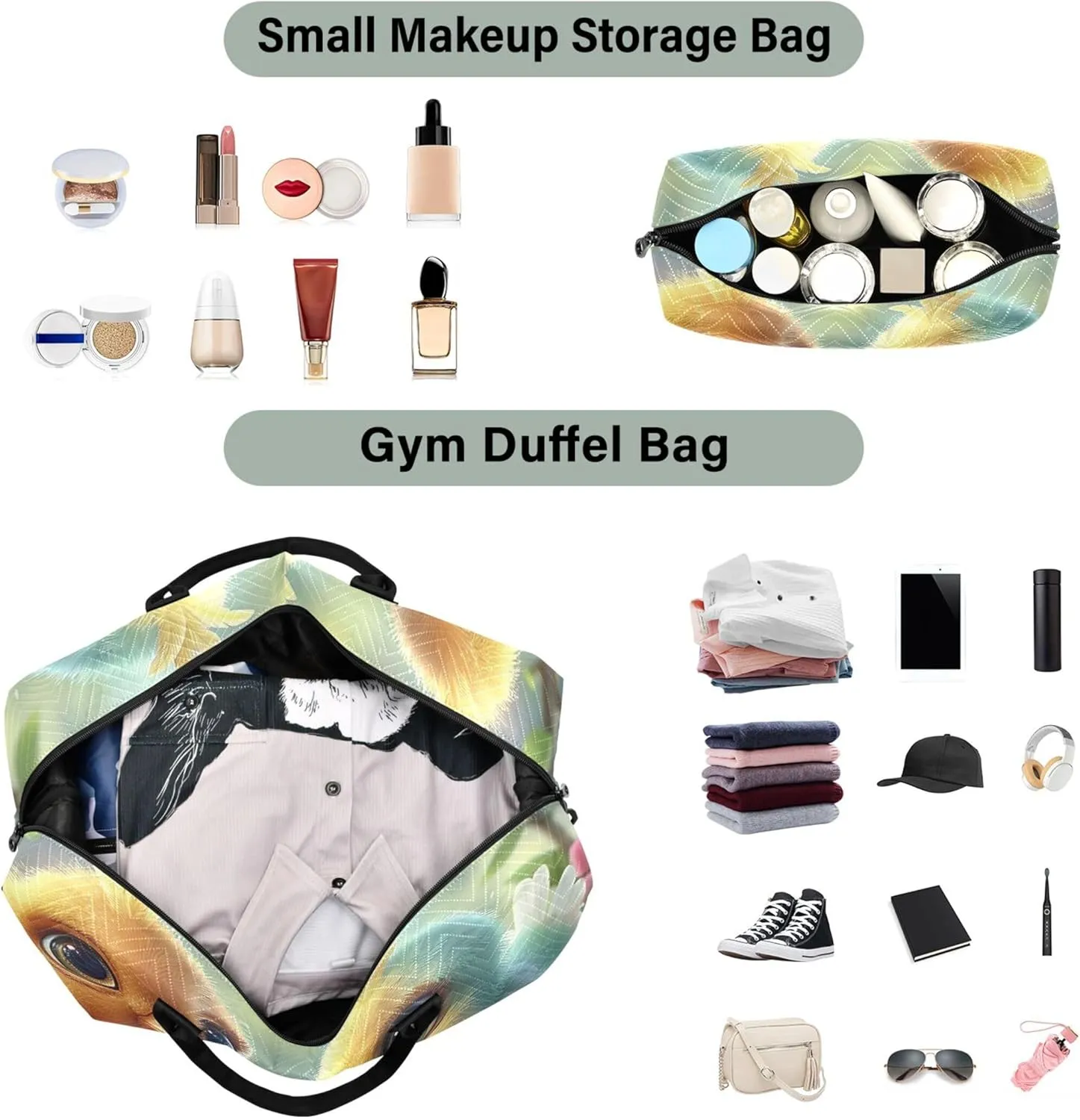 Cute Chick Animal Duffel Bag Womens Makeup Bag Set of 2, Flower Womens Luggage Set Weekend Bag Duffel