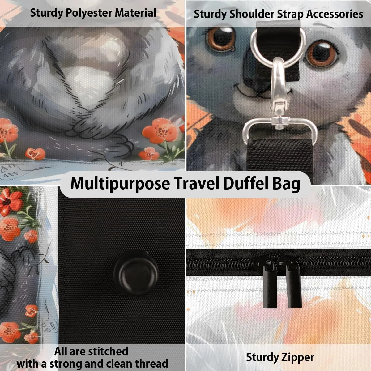Cute Koala Travel Duffle Bag, Sports Gym Bags for Women Men, Carry On Weekender Overnight Workout Airplane Trips Bag