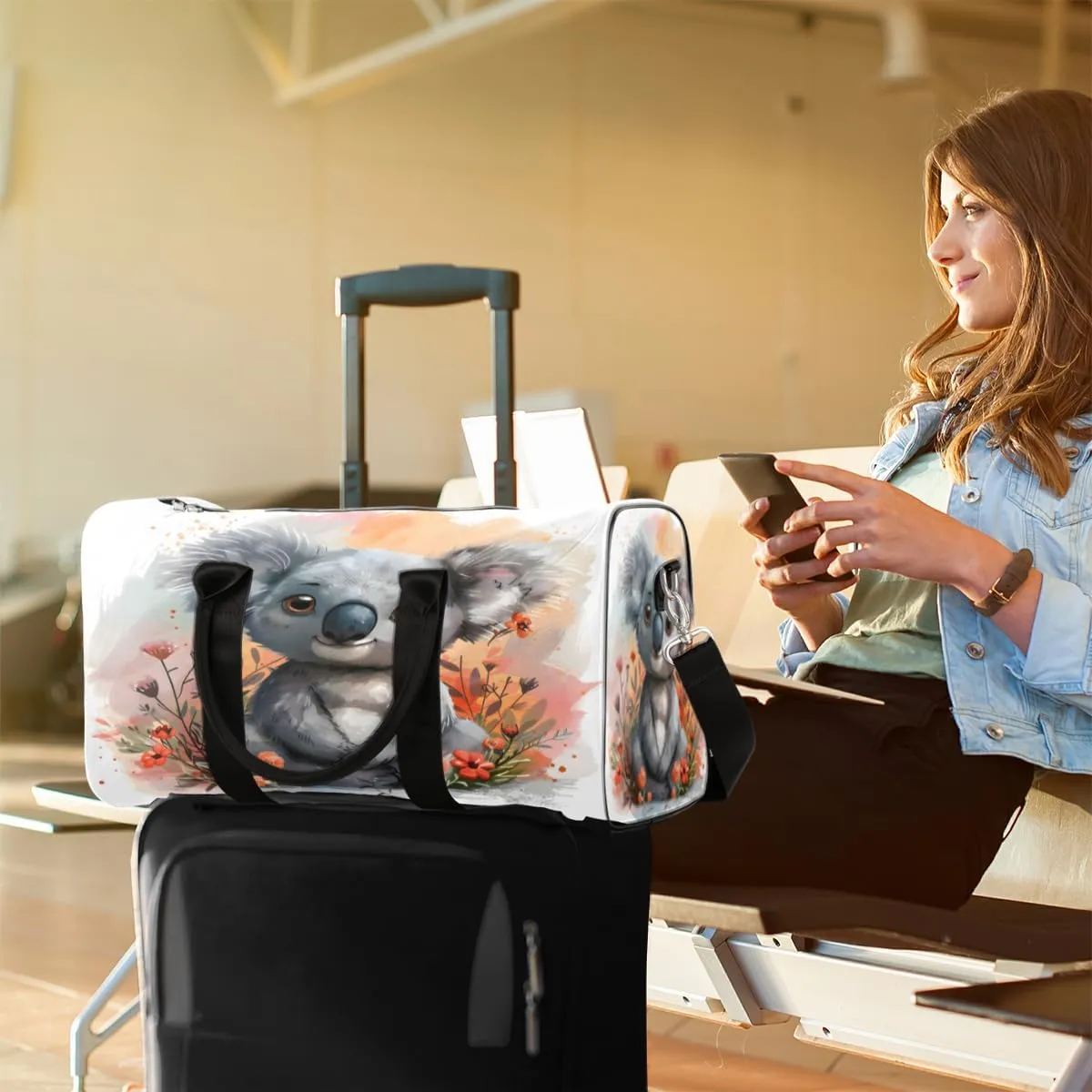 Cute Koala Travel Duffle Bag, Sports Gym Bags for Women Men, Carry On Weekender Overnight Workout Airplane Trips Bag