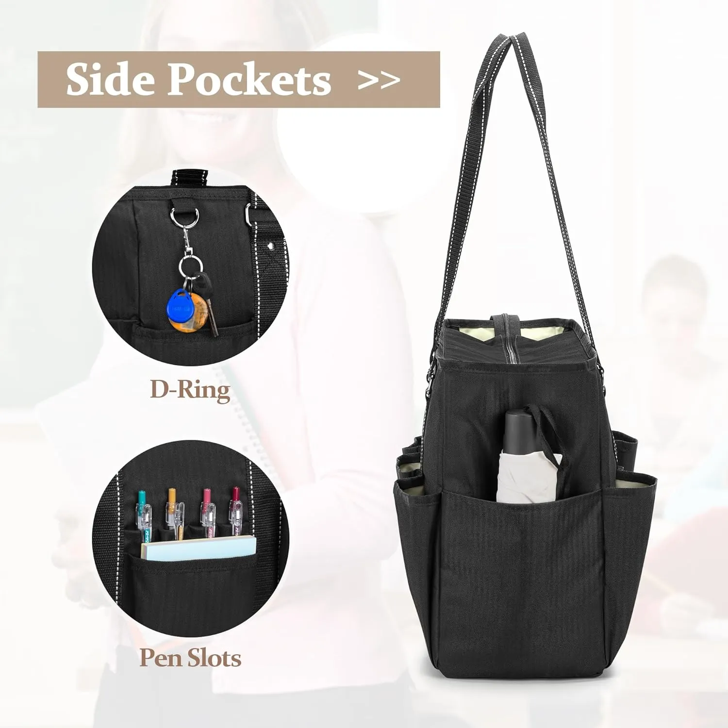 Damero Teacher Tote Bag with Padded Laptop Sleeve, Teacher Work Bag Utility Bag for Office, Travel or Business, Black