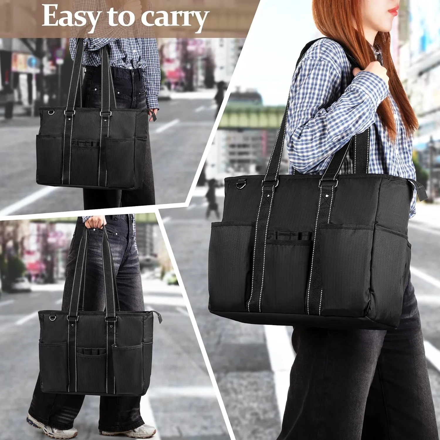 Damero Teacher Tote Bag with Padded Laptop Sleeve, Teacher Work Bag Utility Bag for Office, Travel or Business, Black