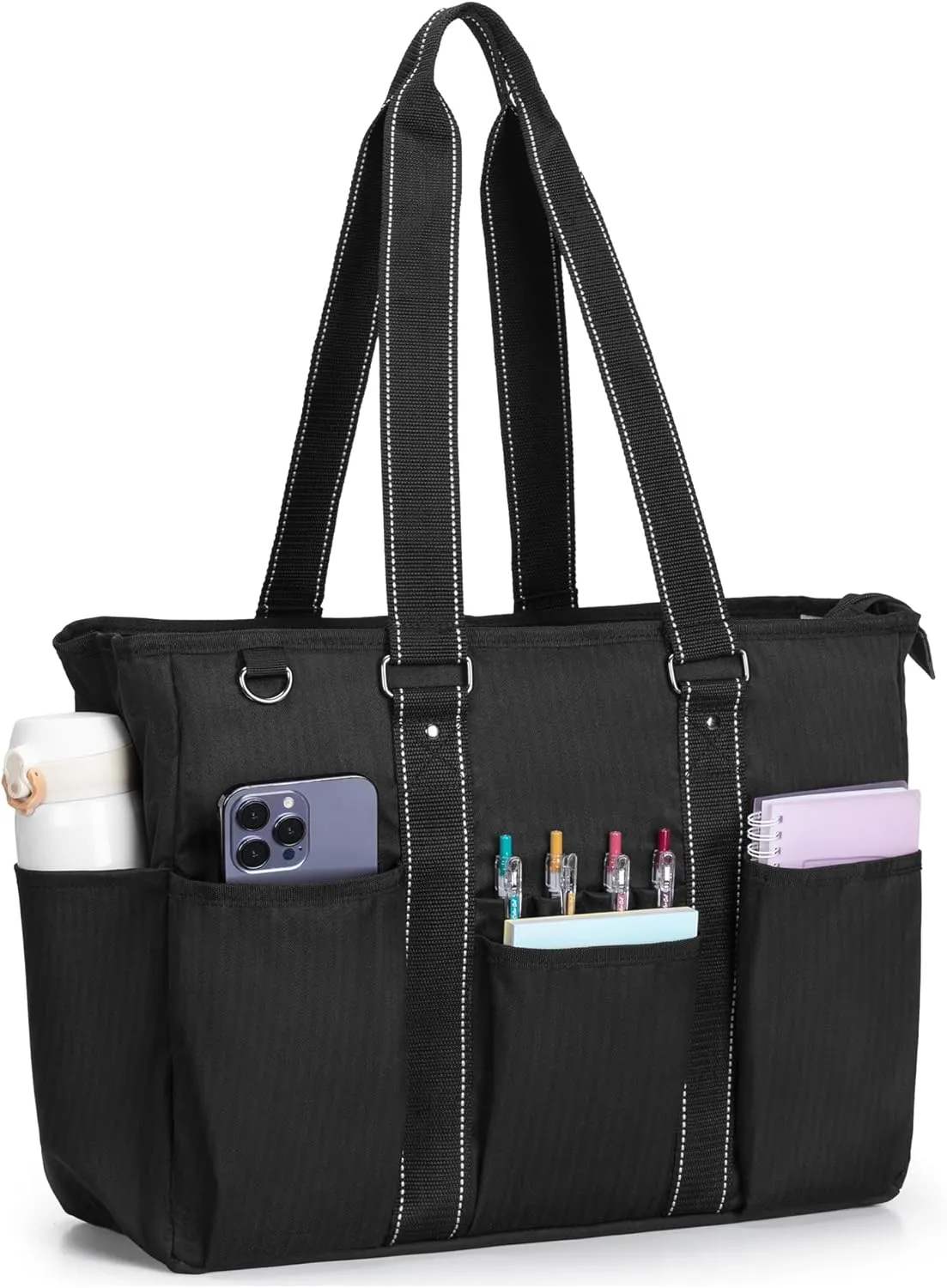 Damero Teacher Tote Bag with Padded Laptop Sleeve, Teacher Work Bag Utility Bag for Office, Travel or Business, Black