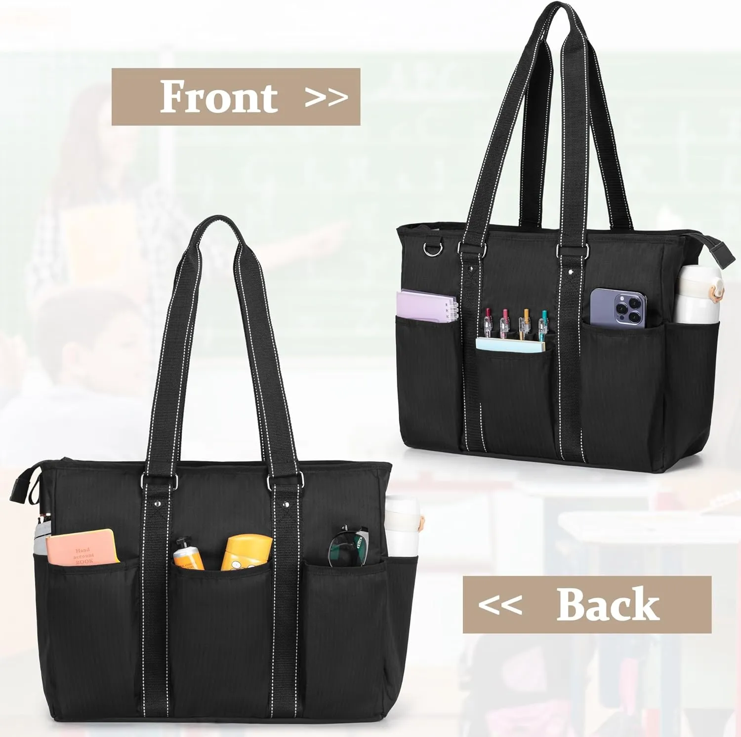 Damero Teacher Tote Bag with Padded Laptop Sleeve, Teacher Work Bag Utility Bag for Office, Travel or Business, Black