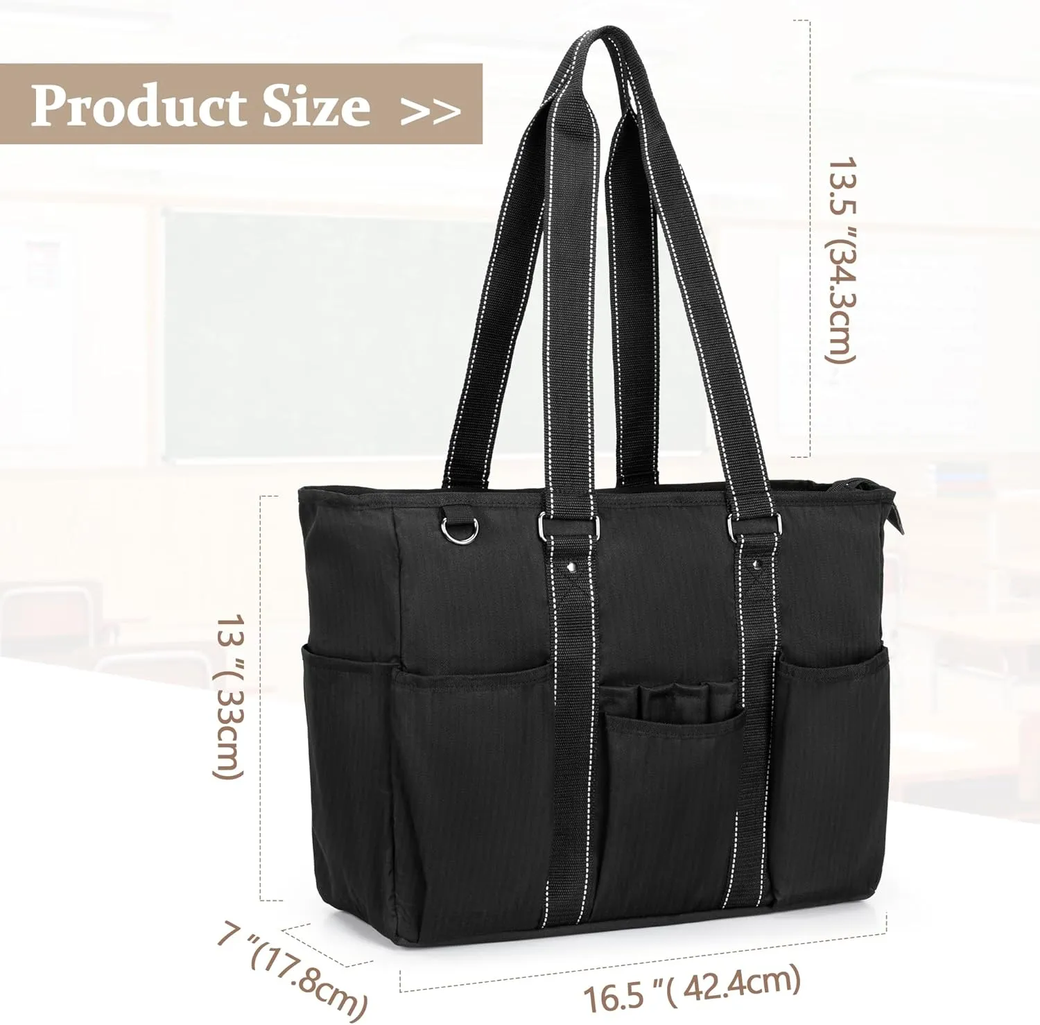 Damero Teacher Tote Bag with Padded Laptop Sleeve, Teacher Work Bag Utility Bag for Office, Travel or Business, Black