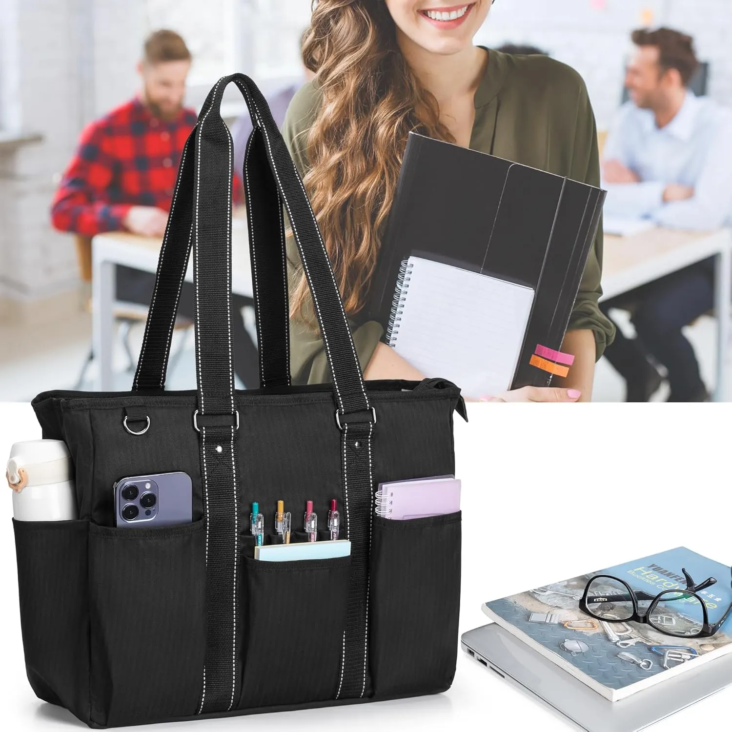 Damero Teacher Tote Bag with Padded Laptop Sleeve, Teacher Work Bag Utility Bag for Office, Travel or Business, Black