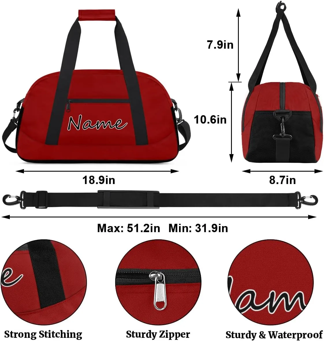 Dark Red Custom Gym Bag for Women Men, Personalized Duffel Bag with Name, Small Sports Gym Bag Travel Duffle Bag Weekender Carry On Overnight Bags