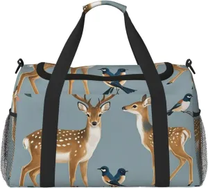Deer Birds With Flowers Travel Duffel Bag Lightweight Waterproof Carry On Tote Bag Foldable Weekender Overnight Bags Sport Gym Bag For Women Men