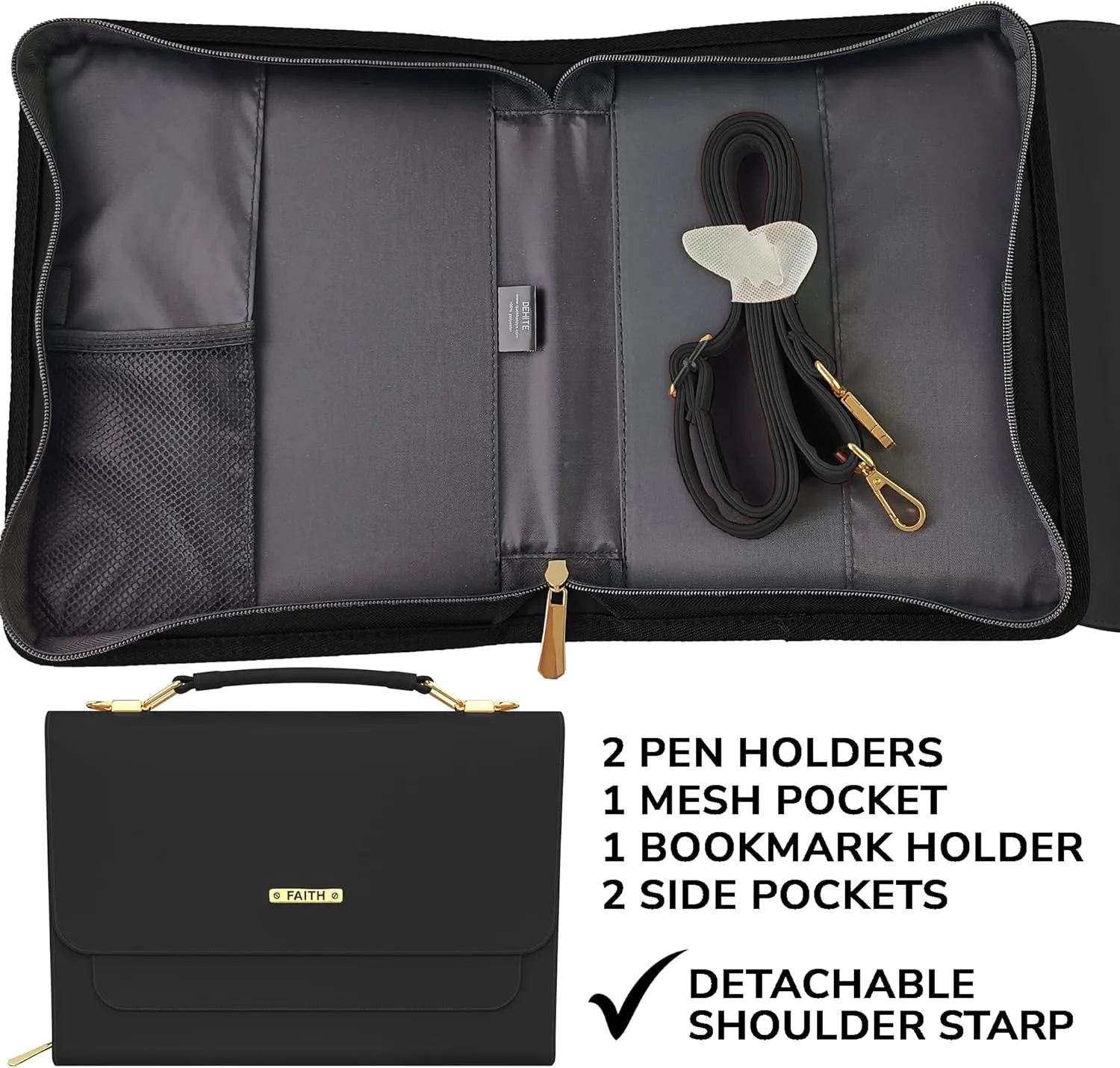 DEHITE Bible Cover Case for Women – Bible Carrying Bag – Pen Slots – Zippered Pocket – Shoulder Strap – Premium PU Leather – Purse Christian Gift