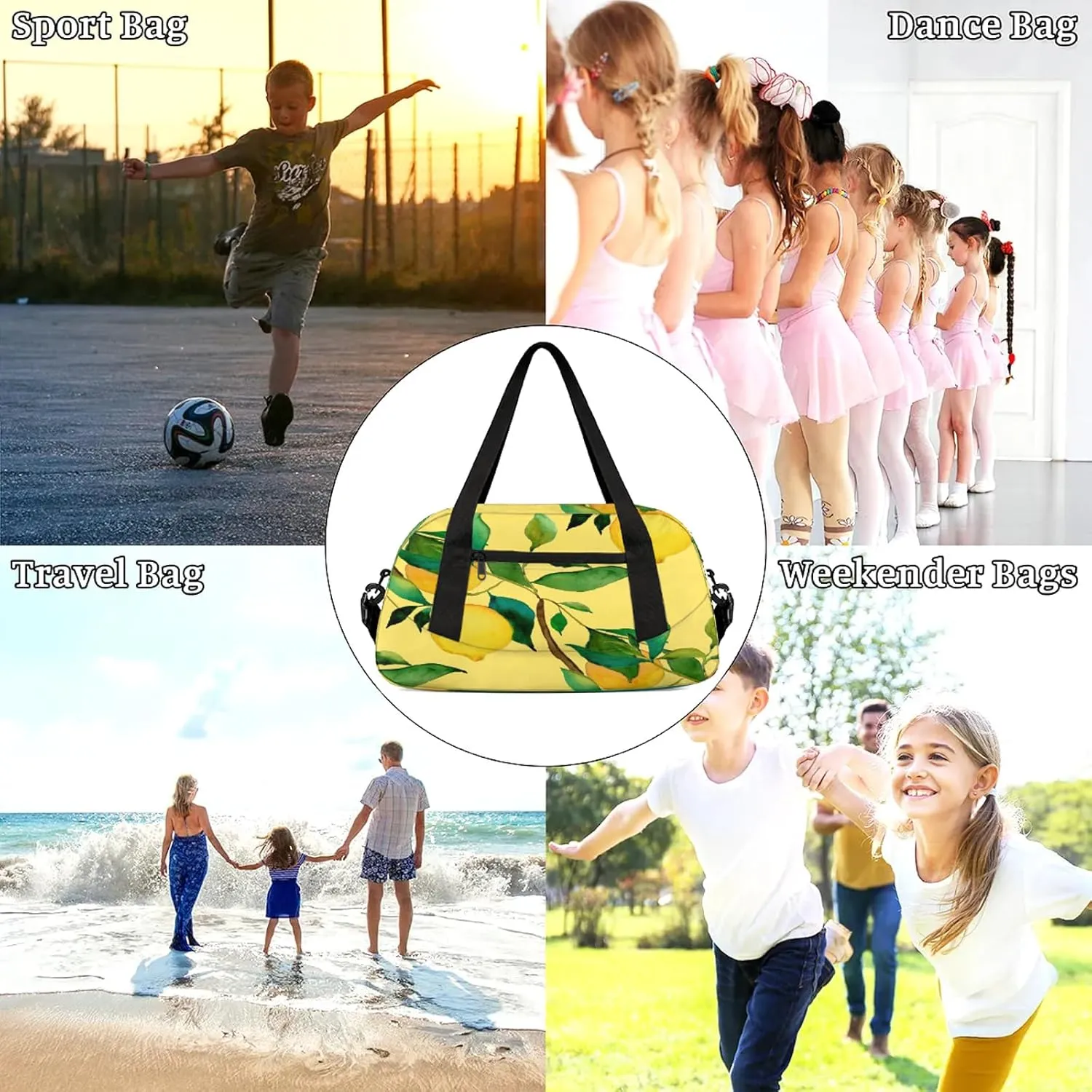 Delicious Lemon Patterns Kids Duffel Bag Lightweight Waterproof Sports Gym Bag with Front Zipper Pocket Foldable Weekender Overnight Bag for School Practice Gymnastic Ballet