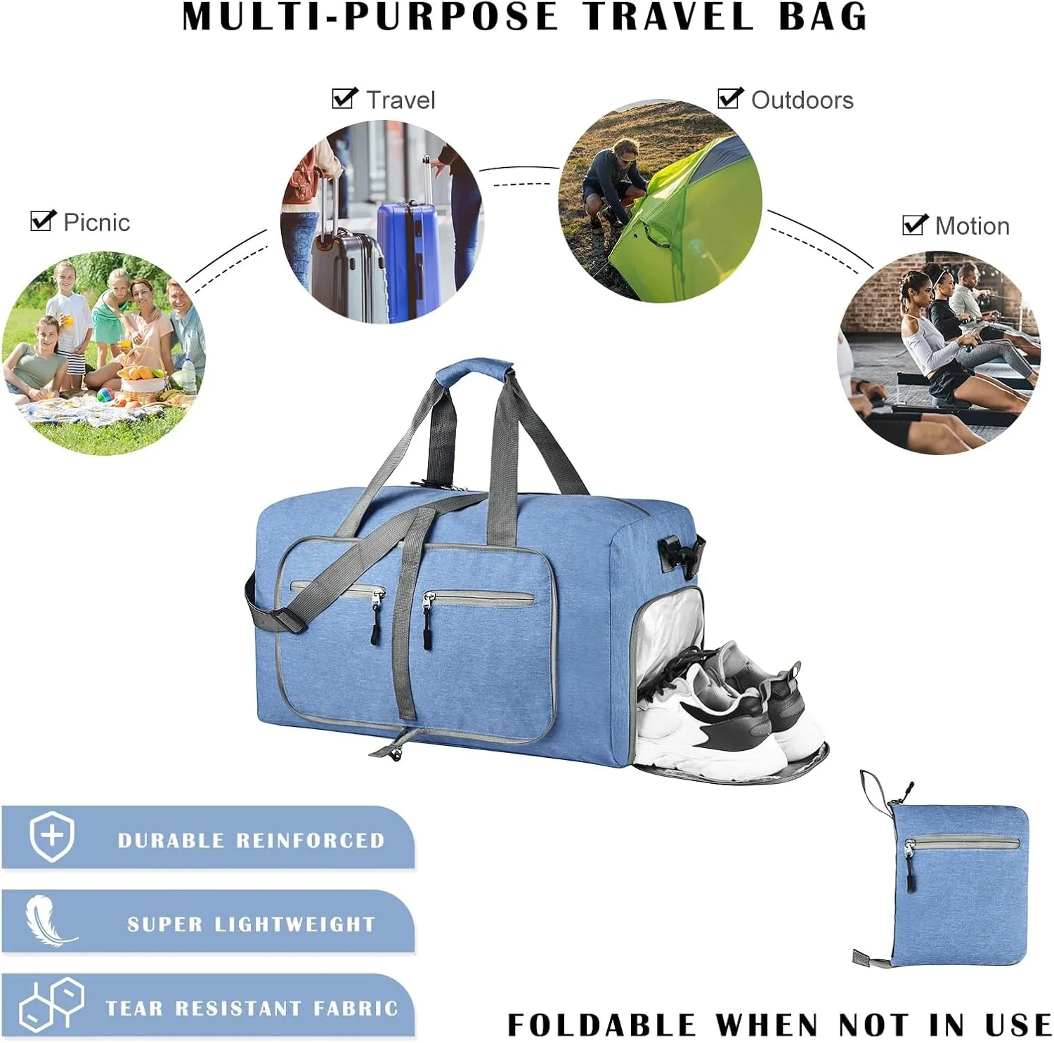Dimayar 40L Travel Duffle Bag - Foldable Duffel Bag with Shoes Compartment - Overnight Bags Waterproof & Tear Resistant(Blue)