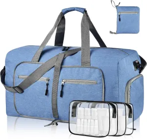 Dimayar 40L Travel Duffle Bag - Foldable Duffel Bag with Shoes Compartment - Overnight Bags Waterproof & Tear Resistant(Blue)