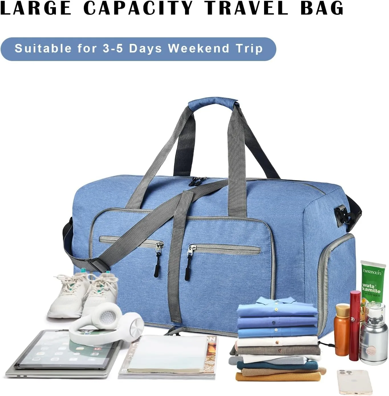 Dimayar 40L Travel Duffle Bag - Foldable Duffel Bag with Shoes Compartment - Overnight Bags Waterproof & Tear Resistant(Blue)