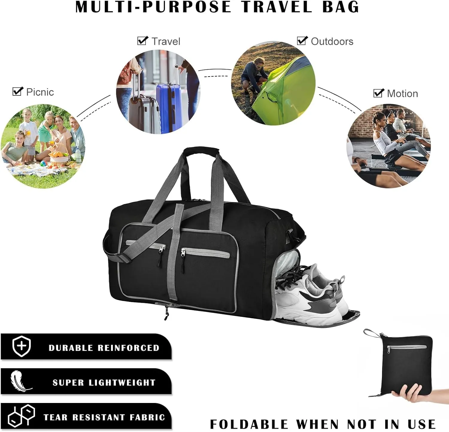 Dimayar 85L Travel Duffle Bag - Foldable Duffel Bag with Shoes Compartment - Overnight Bags Waterproof & Tear Resistant(Black)