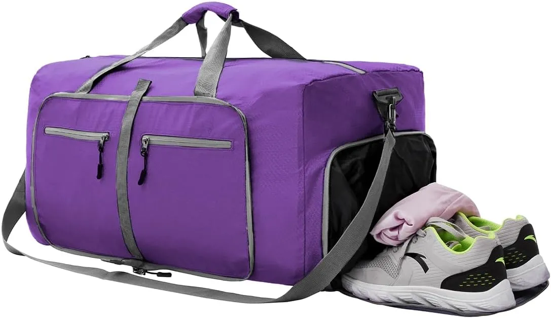 Dimayar Travel Duffle Bag for Men Women - Foldable Duffel Bag with Shoes Compartment - Overnight Bags Waterproof & Tear Resistant(40L,Purple)