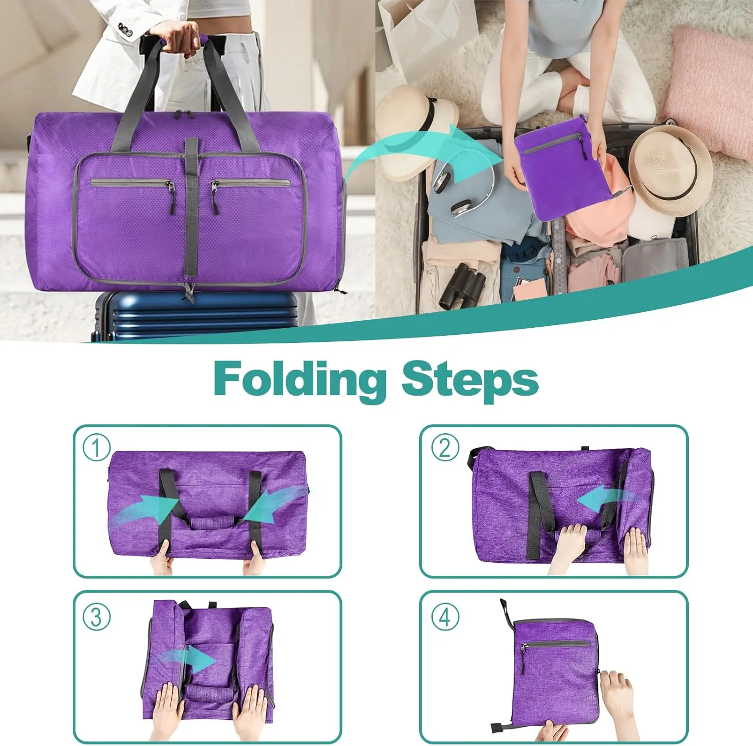 Dimayar Travel Duffle Bag for Men Women - Foldable Duffel Bag with Shoes Compartment - Overnight Bags Waterproof & Tear Resistant(40L,Purple)