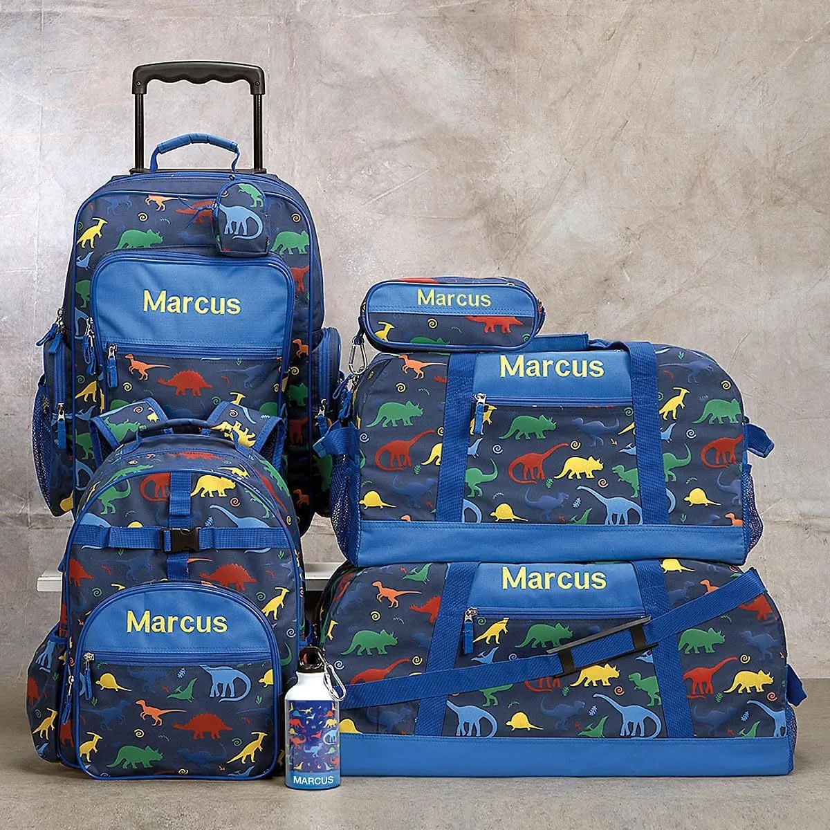 Dinosaur Personalized Medium Duffel Bag for Kids - Blue with Rainbow Dinosaur Print, 11 x 12 x 23 inches