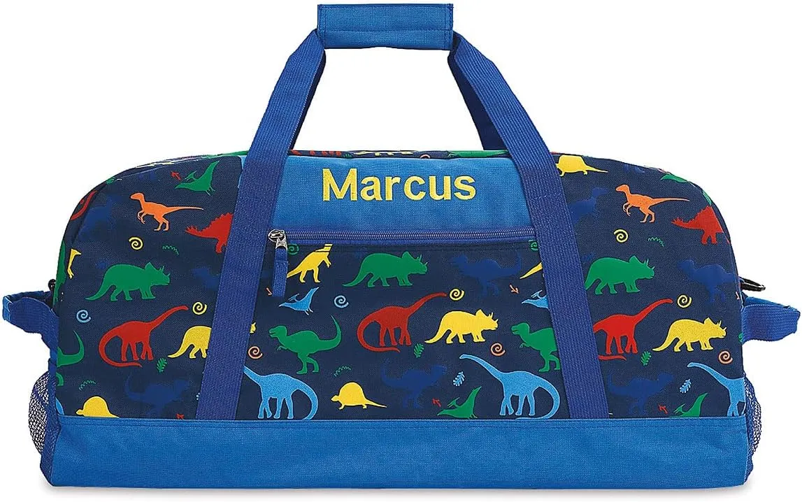 Dinosaur Personalized Medium Duffel Bag for Kids - Blue with Rainbow Dinosaur Print, 11 x 12 x 23 inches