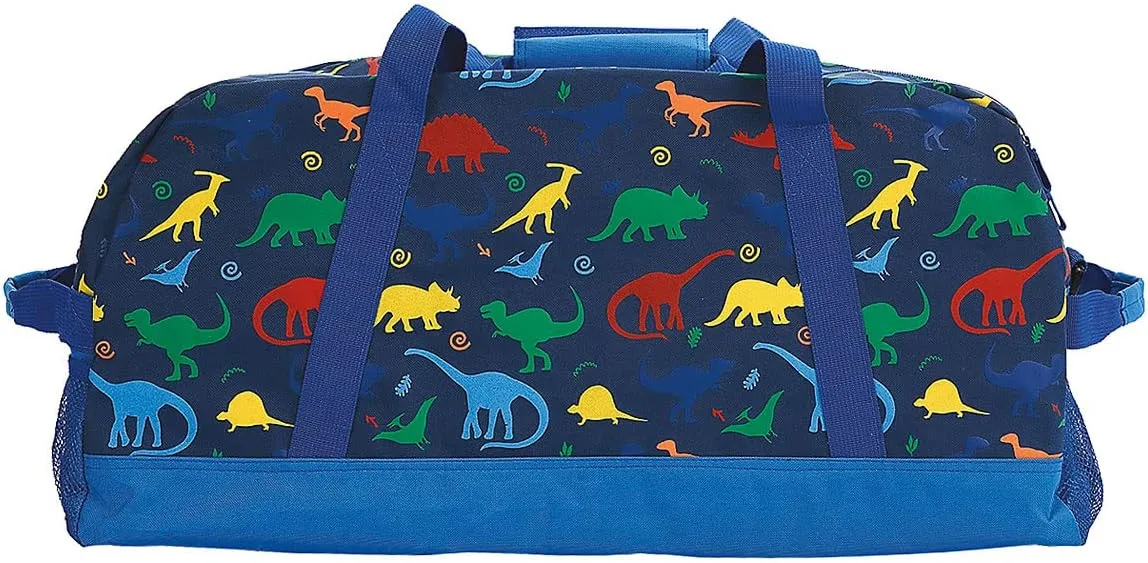 Dinosaur Personalized Medium Duffel Bag for Kids - Blue with Rainbow Dinosaur Print, 11 x 12 x 23 inches