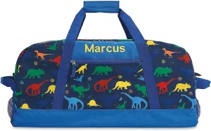 Dinosaur Personalized Medium Duffel Bag for Kids - Blue with Rainbow Dinosaur Print, 11 x 12 x 23 inches