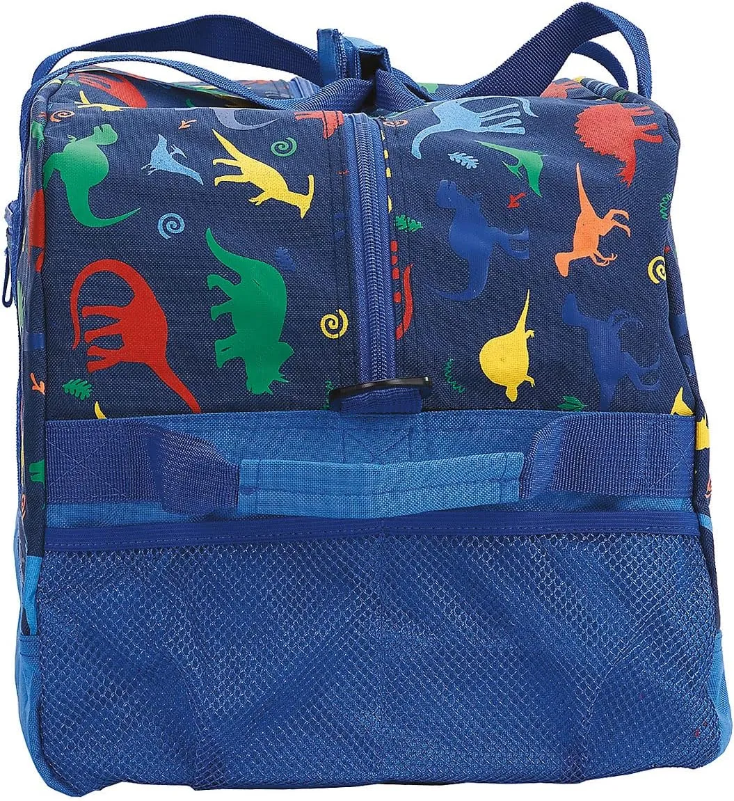 Dinosaur Personalized Medium Duffel Bag for Kids - Blue with Rainbow Dinosaur Print, 11 x 12 x 23 inches