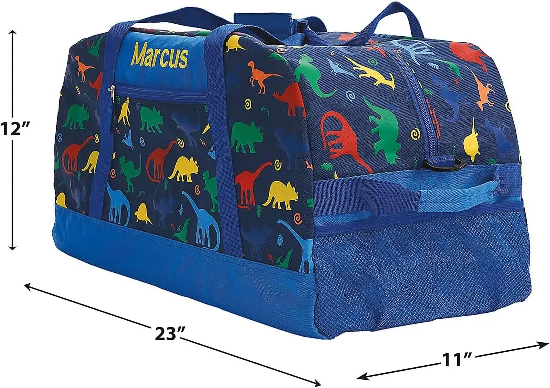 Dinosaur Personalized Medium Duffel Bag for Kids - Blue with Rainbow Dinosaur Print, 11 x 12 x 23 inches