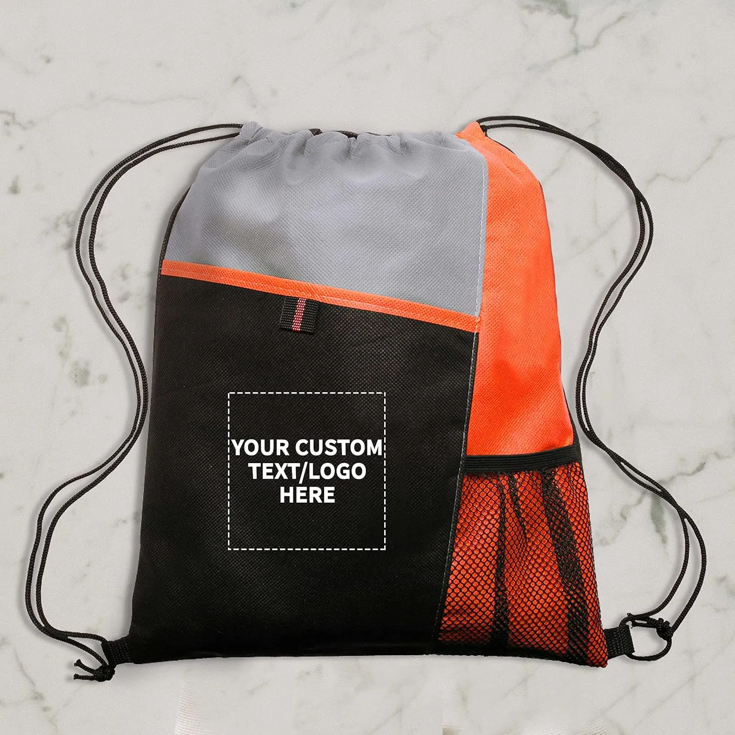 DISCOUNT PROMOS 100 Mesh Pocket Drawstring Backpacks Set - Customizable Text, Logo - Durable, Multicolor, Black Straps - Orange