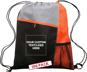 DISCOUNT PROMOS 100 Mesh Pocket Drawstring Backpacks Set - Customizable Text, Logo - Durable, Multicolor, Black Straps - Orange