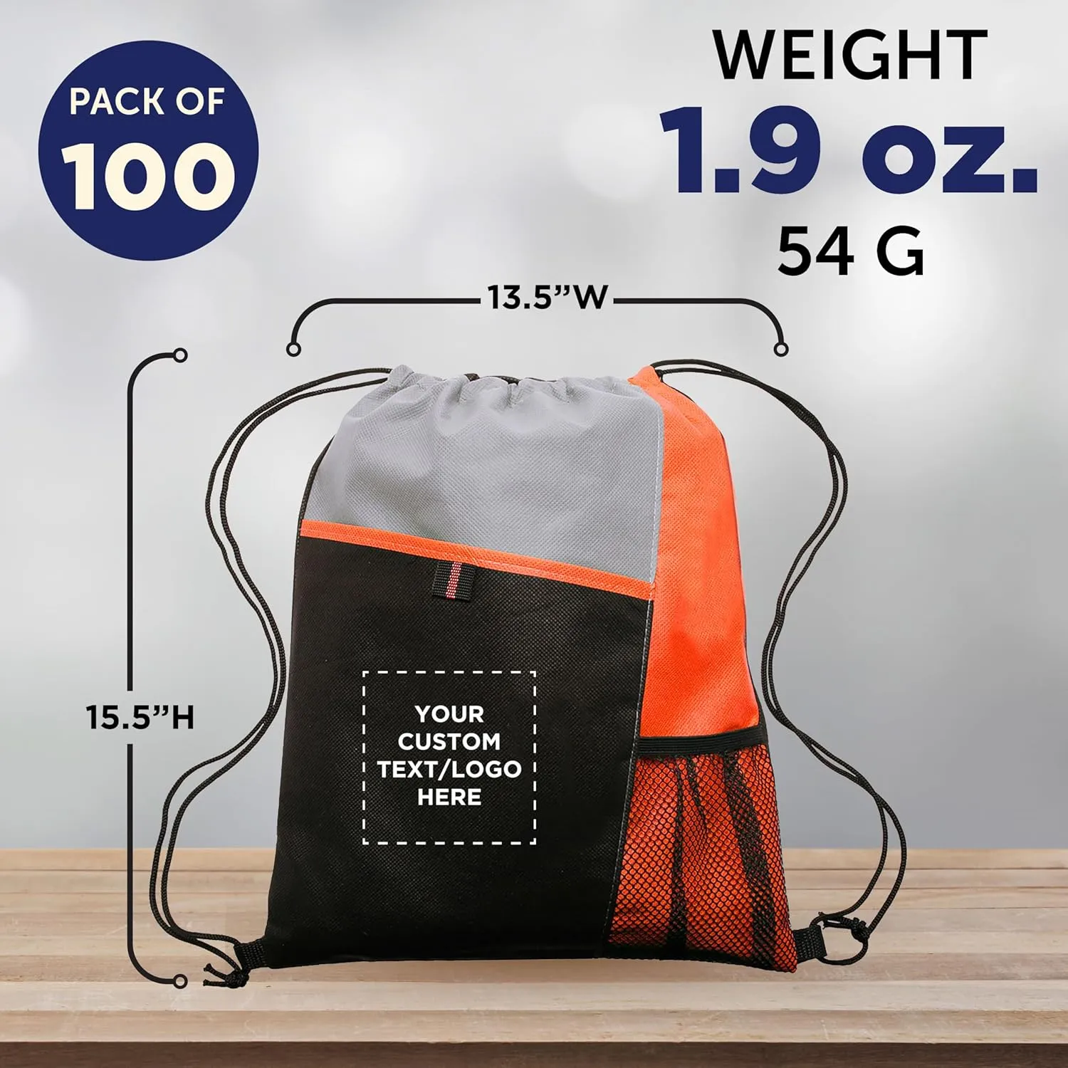 DISCOUNT PROMOS 100 Mesh Pocket Drawstring Backpacks Set - Customizable Text, Logo - Durable, Multicolor, Black Straps - Orange